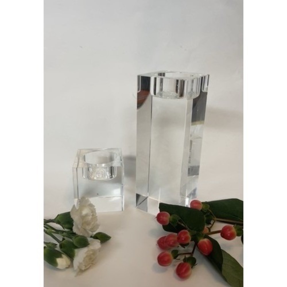 VTG Mid Century Glass Crystal Clear Ice Cube Design Candle Holders 6.5"x1.5"